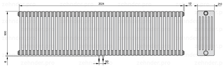 Схема (чертеж) Радиатор Zehnder Charleston 6090/44 №3470 Белый глянцевый RAL 9016